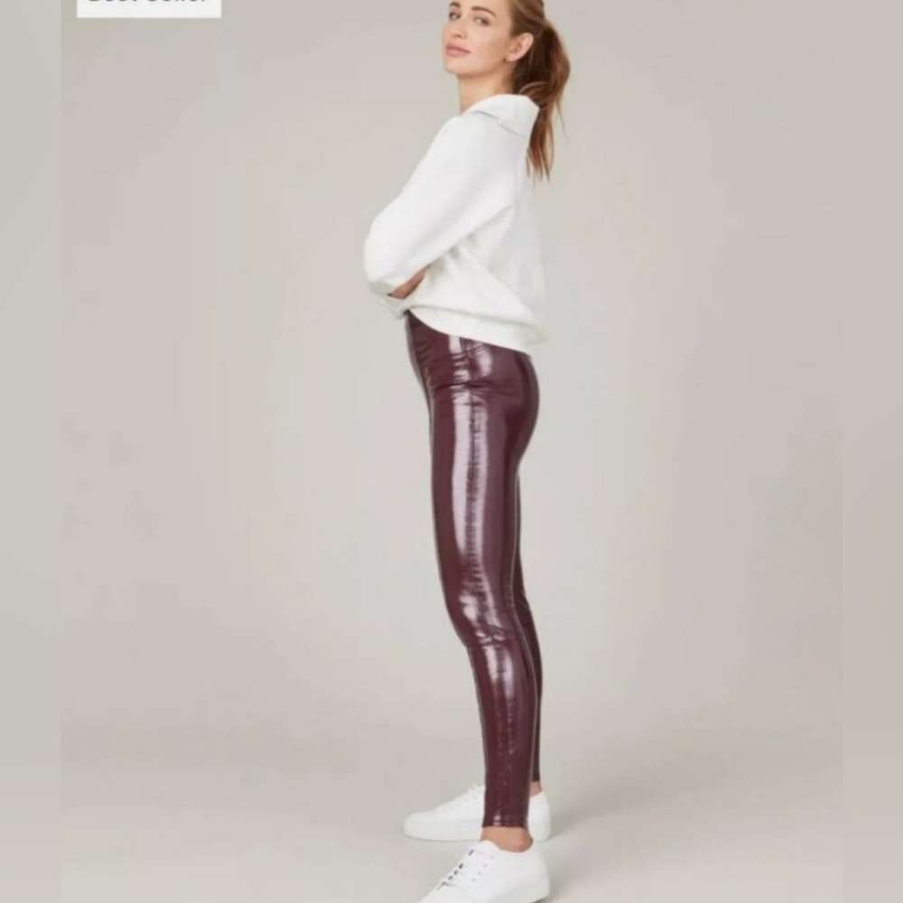 SPANX Faux Patent‎ Leather Leggings in Ruby.